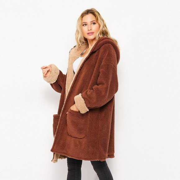 Color Contrast Sherpa Hoodie Cardigan - Picture 3 of 4